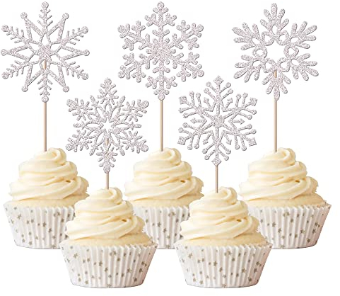 Xsstarmi 30 Pack Snowflake Cupcake Toppers Glitter Winter Frozen Theme Cupcake Picks Baby Shower Cake Decorations for Snowflake, Christmas, Kids Birthday Party Supplies Silver