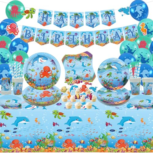 LSJDEER Articoli per feste sotto il mare - Piatti Tazze Tovaglioli Tovaglia Striscione Palloncini Topper per torta per decorazioni per feste di compleanno nel mondo sottomarino, per 20 persone