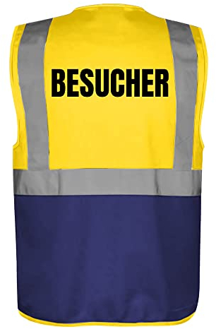 Fassbender-Druck WARNWESTEN - Sicherheitsweste GELB/NAVY mit Taschen und Reißverschluss nach EN ISO 20471 zertifiziert - Warn Weste für BESUCHER - Unisex mit hochwertigem Reflektorstreifen