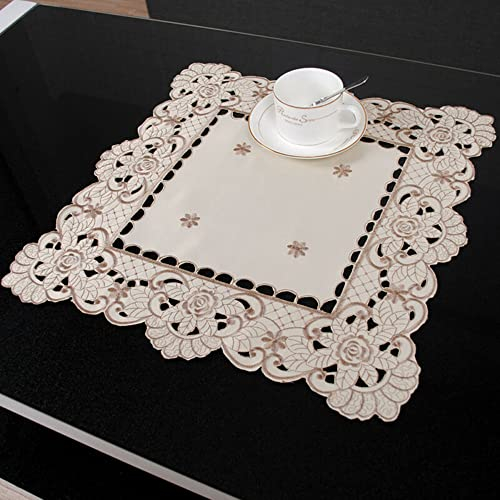 Lioaeust Tischdecke, weiß bestickte Spitze, florale Tischdecke, Hochzeit, Party, Satin-Stoff für Küche, Esszimmer, Picknick, Tischdekoration (quadratisch, 40 x 40 cm)