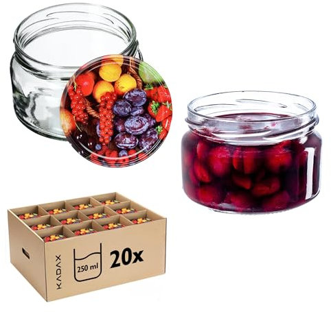KADAX Lot de 20 pots à confiture de 250 ml avec couvercle à vis Ø 82 mm motif fruits – étanches, passent au lave-vaisselle, idéaux pour confitures, chutneys, légumes marinés, viandes, pâtés et