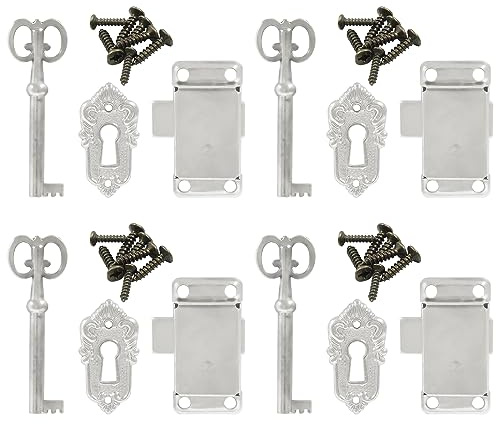 Rierdge Set di 4 serrature decorative in nichel bianco anticato, stile rétro vintage, per armadietti e gioielli, con chiave