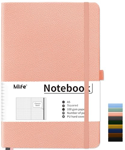 Mlife Squared Notebook A5,Journal With 200 Pages,100gsm No Bleed Grid Pages,PU Hard Cover,Graph Paper Notebook for Graphing Notes Math,Notepad for Women Men School Office-Pink