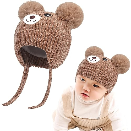 Söt björn barn vinter fleece fodrad stickad mössa med öronklaffar dubbel pom-pom chenille lurvig mössa öronlapp varm mössa hatt med rem kallt väder varm mössa för 1-5 år spädbarn småbarn pojkar