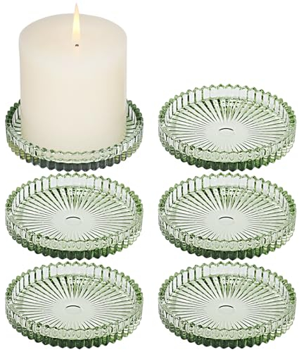 HofferRuffer Kerzenteller Kerzenständer Glas 6er Set,10cm rund Kerzenhalter,Kerzenleuchter für Stumpenkerzen,Teelichter,Grün