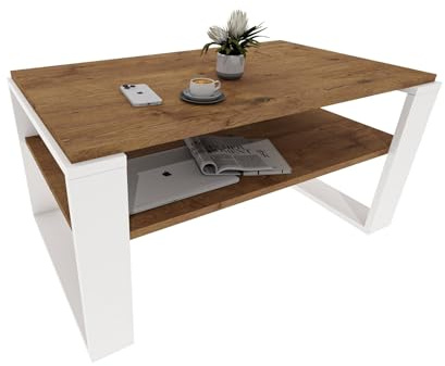 CraftPAK Wohnzimmer Tisch für Couch aus hochwertigem Holz, Stabiler & moderner Couchtisch mit zusätzlicher Ablagefläche, Model Kaja 96, Farbe Retro-Weiß