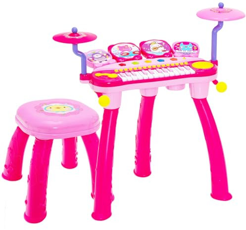 GYMAX Kids Piano and Drum Set, Children Electronic Keyboard Drum Kit with Microphone, MP3 Interface, LED Lights, Stool & Drum Sticks, Musical Instrument for Boys Girls (Pink)