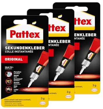Pattex Sekundenkleber Flüssig, spülmaschinenfester Superkleber für viele Sofortreparaturen, schnelltrocknender farbloser Flüssigkleber, 3 x 3g