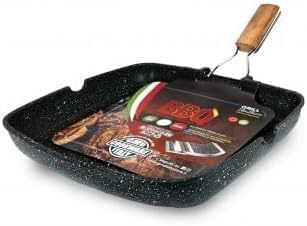 Avilia Grill Quadrata Induzione Antiaderente con Manico Pieghevole in Legno - Bistecchiera per Carne, Pesce e Verdure, 26x26cm