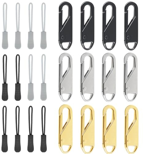 Zhtulck Reißverschluss Zipper, 24 Stück Zipper für Reißverschluss, Reißverschluss Zieher, Reißverschluss Anhänger für Jacken, Rucksäcke, Mäntel,Stiefel(Schwarzes&Silber&Gold)