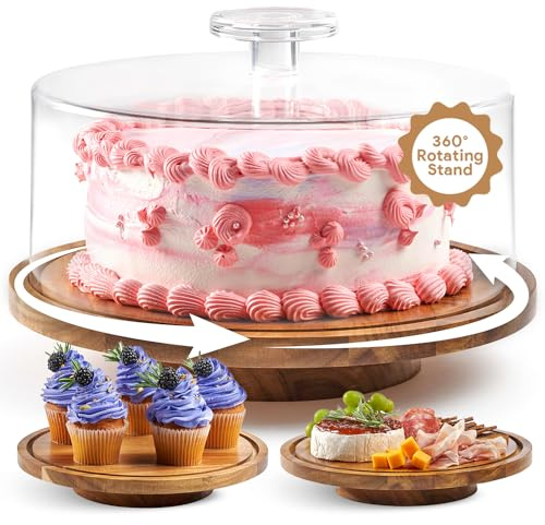 Homesphere Soporte Giratorio para Tartas con Tapa, Soporte Redondo para Tartas de 12 Pulgadas con Tapa, 4 Pulgadas de Alto, Tocadiscos giratorios de Madera de Acacia para Decorar, exhibir y Servir,