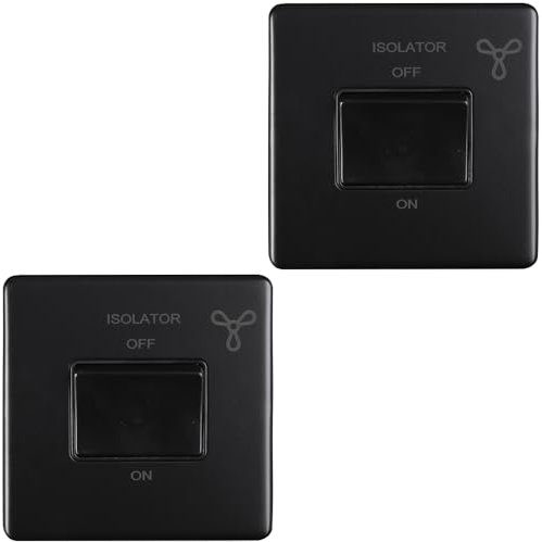 2 Pack SCREWLESS 6A Extractor Fan Isolator Switch MATT Black 3 Pole Shower - 230V Bathroom Wetroom Fan Switch Wall Plate