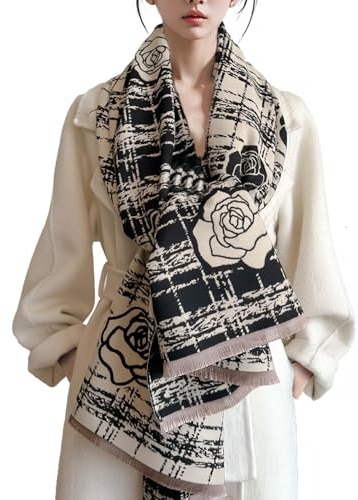 LumiSyne Sciarpa Invernale Per Donna Pashmina Scialle Stole Motivo a Quadri Camelia Stile Elegante Romantico Reversibile In Cashmere Con Nappa Grande Lungo Da Collo Spessa Calda Wrap