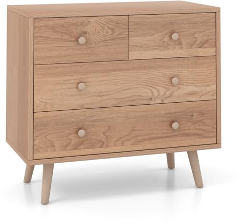 COSTWAY Chest of Drawers, 4-Drawer Dresser Storage Cabinet, Wooden Freestanding Chest Cupboard Organiser Unit for Bedroom, Living Room, Closet and Hallway, 80x40x77cm (Natural)