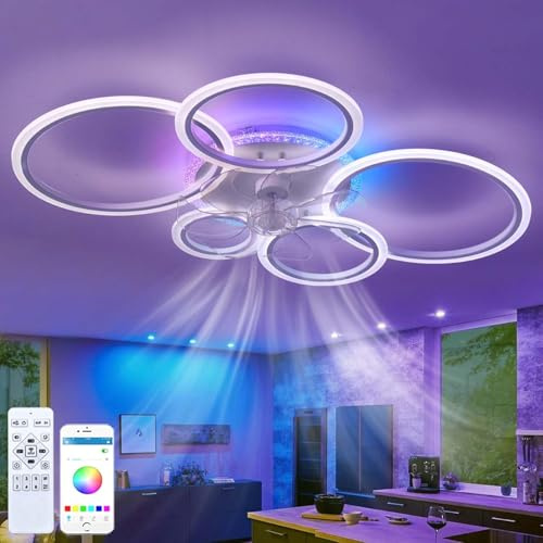 Dfiacn RGB Deckenventilator Mit Beleuchtung LED Dimmbar Schlafzimmer Leise Lampe Mit Ventilator Mit Fernbedienung Reversibel 6-Gang Timing Deckenlampe Mit Ventilator Wohnzimmer Φ 95cm, Weiß