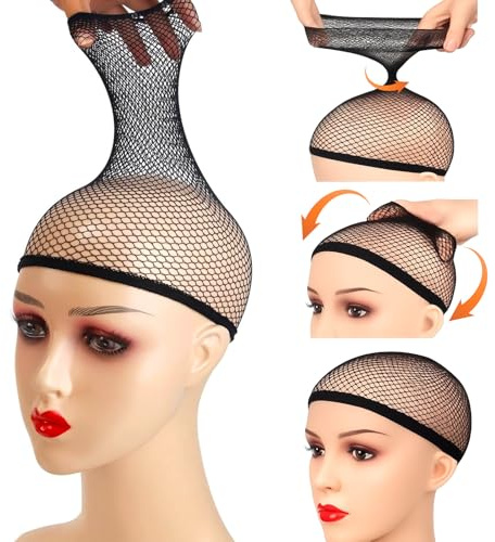 Foyods 3PCS Wig Cap, Haarnetz für Perücken, Wig Zubehör, Perückennetz, Schwarz, Haarnetz zum Einnähen für Langes Dickes Haar mit Offenem Ende, Perückenkappe Weben Netzkappe für Frauen