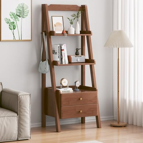 YVYKFZD Ladder Shelf Bookshelf, Wood Bookcase with Drawer, Free Standing Display Storage Rack, Open Book Shelf Organizer Plant Flower Stand, for Small Space, Bedroom Living Room(Walnut,17.7x14.1x55.
