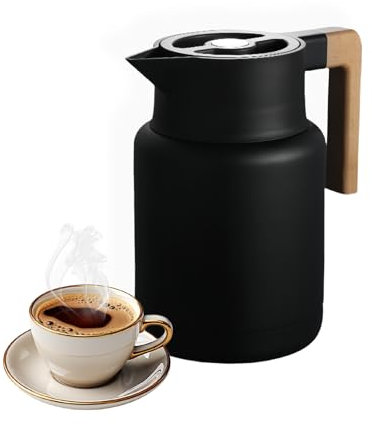 Pichet Isotherme, Thermos Sous Vide Isolé, Carafe À Café Thermique En Acier Inoxydable, Manche En Bois, Pour Le Café Au Thé Chaud Et Froid, Cuisine, Bureau, Hôtel (Noir,1300ml)