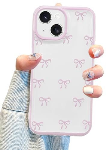 Jusy Kompatibel mit iPhone 13 Hülle,Süße Klar Rosa Schleifenmuster Schöne Weiche TPU Telefonhülle Vollständiger Kameraschutz Handyhülle für Frauen Mädchen - Rosa