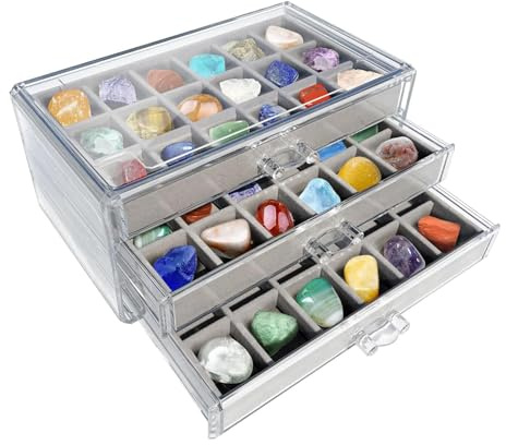 Edelstein Vitrine 54 Fächer,3 Schubladen Rock Sammelbox, Transparente Acryl Stein Sammelbox, Schmuckkästchen,Aufbewahrungsbox Für Kinder Aufbewahrungsbox Crystal Organizer,15,5 X 23,7 X 10,8 Cm