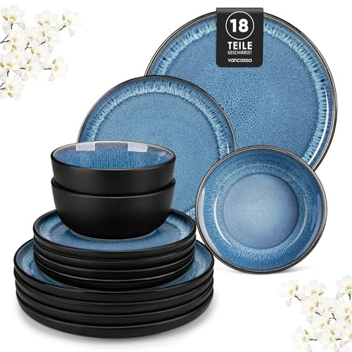 vancasso Playa Blue Dinner Set, Reactive Glaze Dinner Sets for 6 People, 18-Piece Mediterranean Crockery Set with Dinner Plates, Dessert Plate and Cereal Bowls