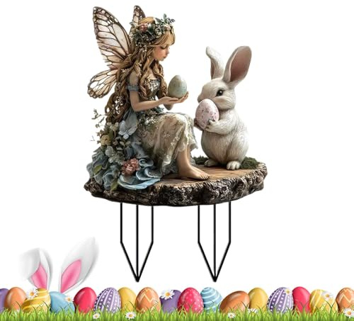 Gartenstecker Ostern Deko Hasen Aussen | Osterdeko Vintage Outdoor | Süßer Deko Osterhasen Figuren | Ostern Bunny mit Eiern Gartenschilder | Tierkunst Pfahlzeichen Gartendeko Für Rasenflächen