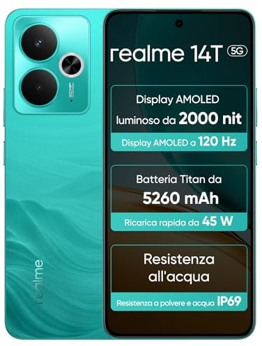 realme 14T 5G Smartphone 8+256 Go, chipset Dimensity 6300 5G, écran AMOLED Esport 6,67 120 Hz, Grande capacité 5260 mAh, étanchéité IP69, Design Surf, Next AI, Vert Surf (sans Adaptateur)