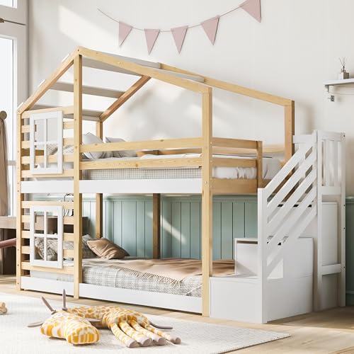 HESHU Kinderbett Etagenbett 90x200 cm, Treppe mit Stauraum Schubladen, Hausbett mit Festern, Hochbett für 2 Kinder, Funktionsbett Stockbett Jugendbett, ohne Matratze