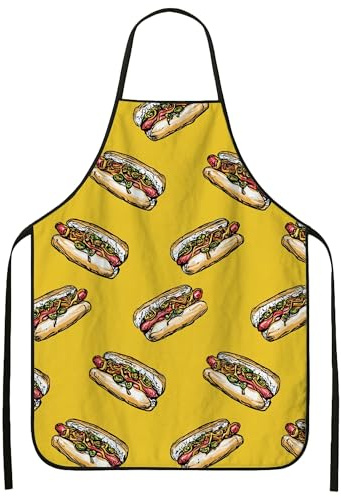 Grembiule da cucina con stampa hot dog, giallo fantasioso grembiule da chef per cucinare e barbecue, accessorio divertente per grigliate e riunioni estive, 1 pezzo