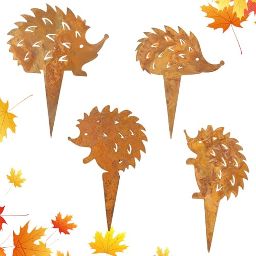 Honosen 4 Stück Igel Gartenstecker Rost, Wetterfest Gartendeko Roststecker aus Edelrost Metall, Igel Herbstdeko, Rost Gartenstecker Herbst für Herbst Innen Garten Terrasse Balkon Blumentopf