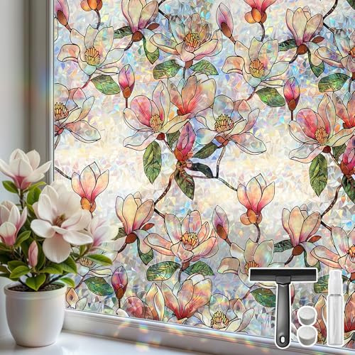 Mgood Fönsterfilm Sekretessfilter med regnbågseffekt 90 x 200 cm | Rosa Magnolia, Elektrostatisk vidhäftning, UV-skydd, återanvändbar, för balkong, kök, dörrar, hem