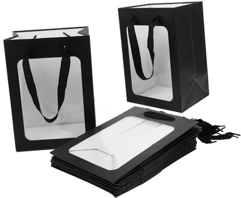 SOLUSTRE 12 Schwarze Geschenktaschen aus Papier mit Durchsichtigem Fenster und Henkel 18x13x25cm Geschenkverpackung für Geburtstage und Hochzeiten