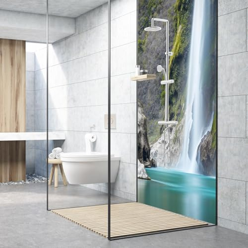 Dedeco Premium Bad Duschrückwand mit Motiv: Wasserfall V15, 90x200cm, wasserfest, hochwertige fugenlose Wandverkleidung aus 3mm-Alu-Verbundplatte, Fliesenersatz ohne Bohren, Made in Germany
