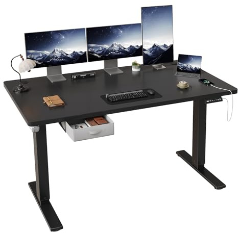 JUMMICO Height Adjustable Electric 160 x 80cm Standing Desk with Drawer & Hooks – Height Adjustable Sit Stand Desk with Stable Steel Frame, Wide Desktop Standing Table for Home Office,Black