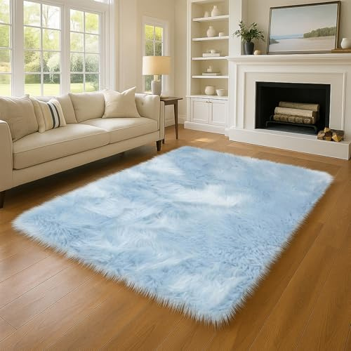 Wokuaile Hochflor Teppich Wohnzimmer Flauschig Fellteppich Shaggy Kunstfell Waschbar Weich Modern Teppich für Schlafzimmer Kinderzimmer Blau, 50 x 80 cm