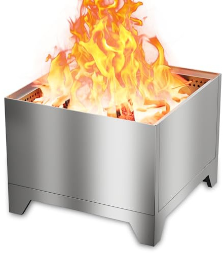 HongTaok Braciere Senza Fumo 50 cm da Giardino, con Cassetto Cenere Rimovibile, Quadrato Braciere da Esterno Falò Portatile, Acciaio Inossidabile, Borsa Impermeabile & Fire Poker Incluso, Cortile