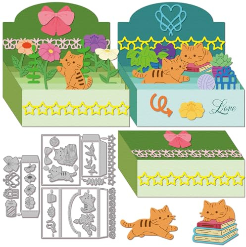 GLOBLELAND 3D Kartenstapel Basis Stanzformen Zum Kartenmachen Süße Katzen Und Blumen Stanzungen Sterne Schleifen Ränder Rahmen Metall Stanzformen Für DIY Scrapbooking Prägung Fotoalbum Basteldekor