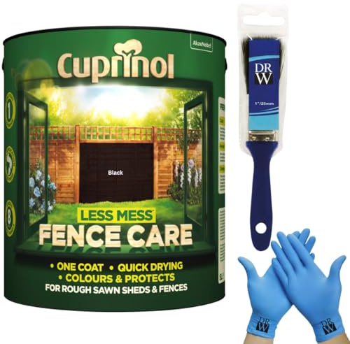 Cuprinol Less Mess Black Fence Care Stain 6L + Free 4 Inch Fence Paint Brush & Nitrile Gloves – One‑Coat Coverage, Quick Drying, Rich Colour & Low Odour