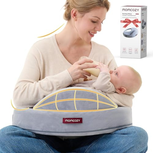 momcozy Coussin d'allaitement Innovant à Protection Sécurisée - Mousse Mémoire Ferme et Élastique - Soutien Stable et Ergonomique- Coussin d'allaitement Plus Large, Réglable, Housse Amovible,Gris