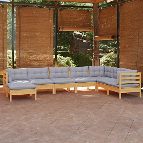 QJBSAVVA 8-Teiliges Garten Lounge Set aus massivem Kiefernholz 63,5 x 63,5 x 62,5 cm mit grauen Polyester-Kissen platzsparend modular für Balkon Terrasse und kleine Gärten