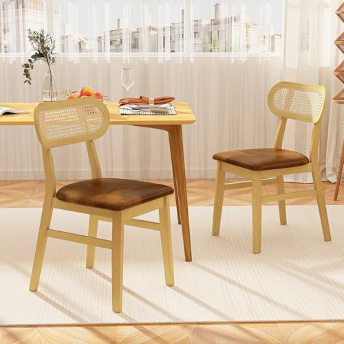 GIANTEX Esszimmerstühle 2er Set, Küchenstühle Gepolstert mit Kunstleder, Essstühle Esstisch Stühle mit Rattan-Rückenlehne, Polsterstühle Holzstühle 180 kg Belastbar, Armlose Beistellstühle für Küche