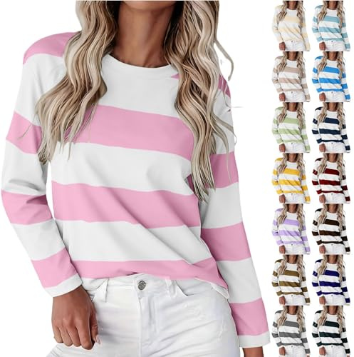 Camiseta de manga larga a rayas para mujer, camiseta de rayas con cuello redondo, camiseta básica, suelta, manga larga, informal, blusa de deporte, disfraz de marinero, adolescente y niña, Rosa., M