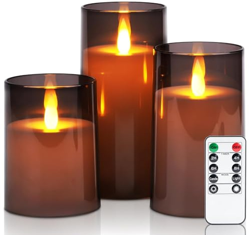 Homemory Grau flackernde flammenlose Kerzen mit 2/4/6/8 Std Timer,3er-Set | Fernbedienung,Timer, dimmbar, 500 Std. Betriebsdauer, Batteriebetrieb LED Stumpenkerzen,Acryl,Hochzeit,Weihnachten, Wohndeko