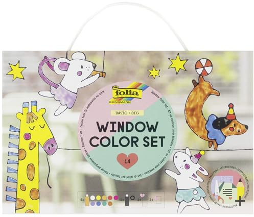 folia 43019 - Window Color Set BASIC BIG, 10 x 80 ml, Fensterfarbe für Kinder, mit 4 Malfolien und 1 großen Malvorlage, inkl. Anleitung, für glatte Oberflächen wie Glas und Porzellan
