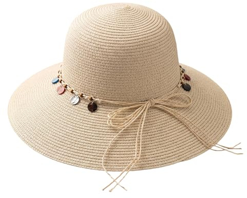 Xanthelle Sonnenhut Damen UV Schutz 50+ Großer Strohhut Sommerhut für Reise Strand und Alltag aus Stroh mit Pailletten und Schleife Faltbar und Größenverstellbar（Beige）