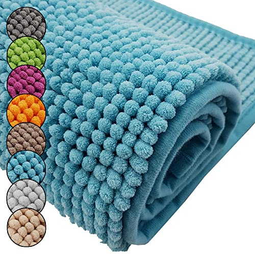 DILUMA Badematte Chenille 60x90 cm Türkis Rutschfester Hochflor Badteppich Luxus Wellness Badvorleger Saugfähig und Flauschig