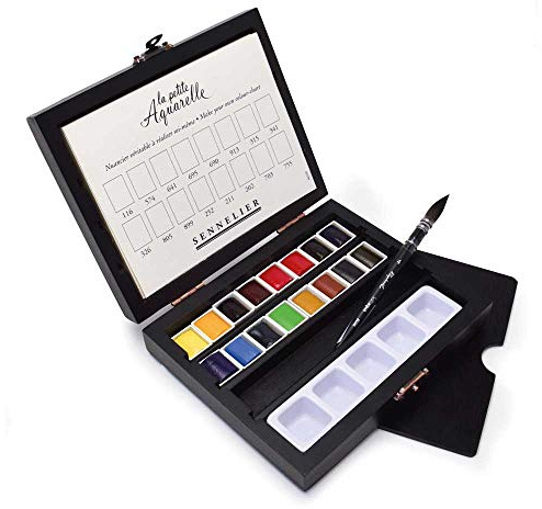 Sennelier La Petite Aquarelle Travel Watercolor Set, Black Wood Case, Student Grade, Includes 16 Half Pan Colors, Paper Pad, Mini Brush Size 4 (10-131686-00)