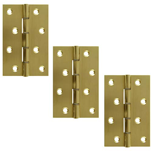 A&H™ 102mm - 4 Inch - Double Steel Washered Door Butt Hinges Natural Brass 1.1/2 Pairs (3 Hinges)