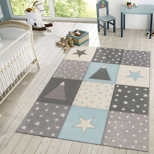 TT Home Kinderzimmerteppich Teppich Junge Mädchen Kinderteppich Punkte Stern 3D Streifen, Farbe: Blau 5, Größe:140x200 cm