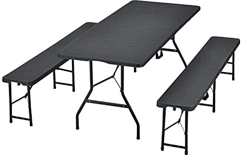 Juskys Bierzeltgarnitur Amberg 3-teilig & klappbar - 180 x 74 x 74-2 Bierbänke & Biertisch in Rattan-Optik Gartenmöbel-Set Festzeltgarnitur Camping